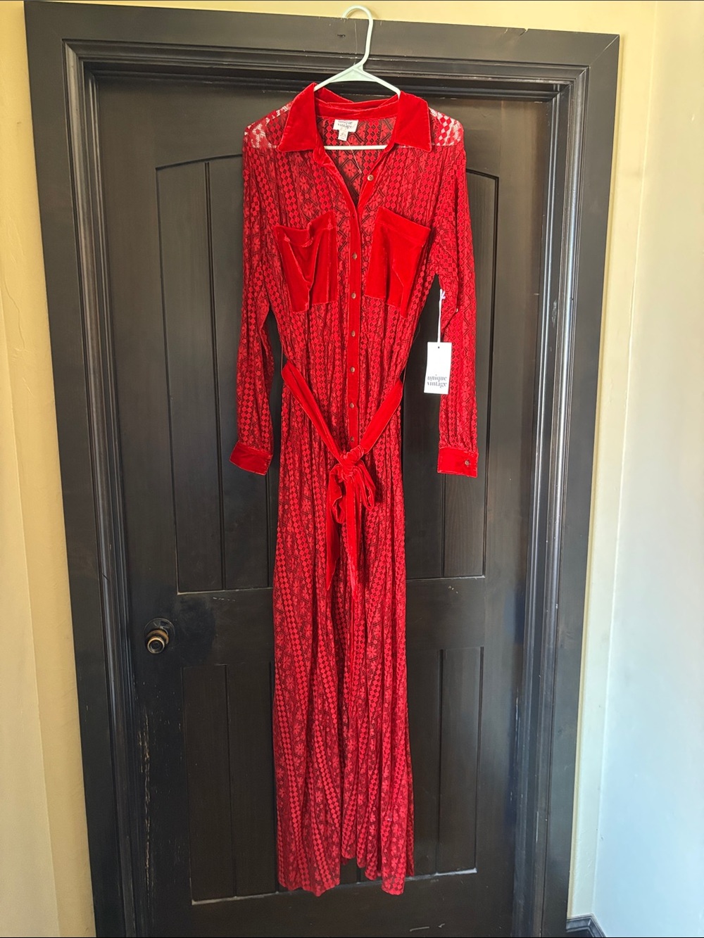Unique Vintage Red Velvet-Trim Maxi Shirt Dress